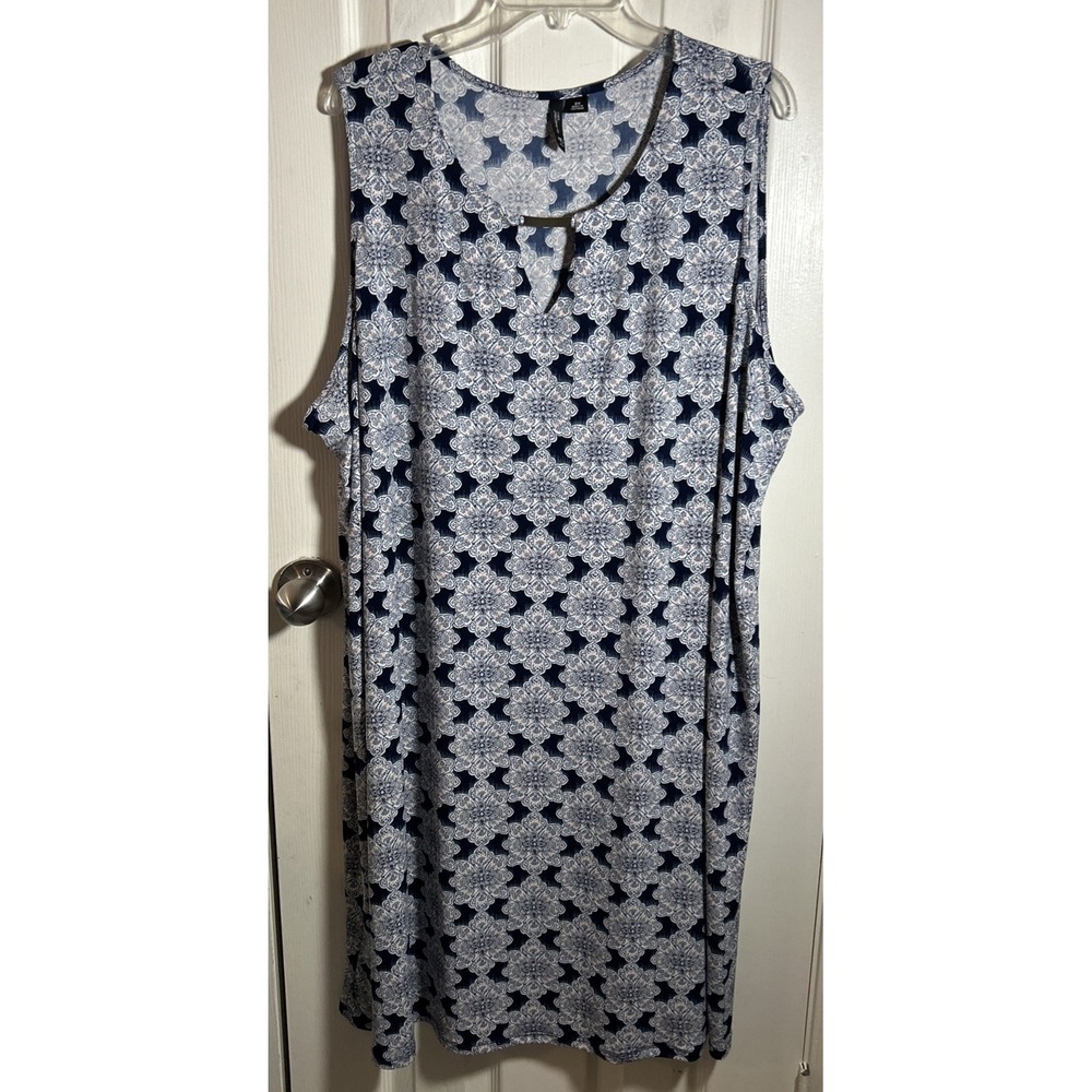 Women's 2X New Directions Curvy Sleeveless Blue Patterned Dress